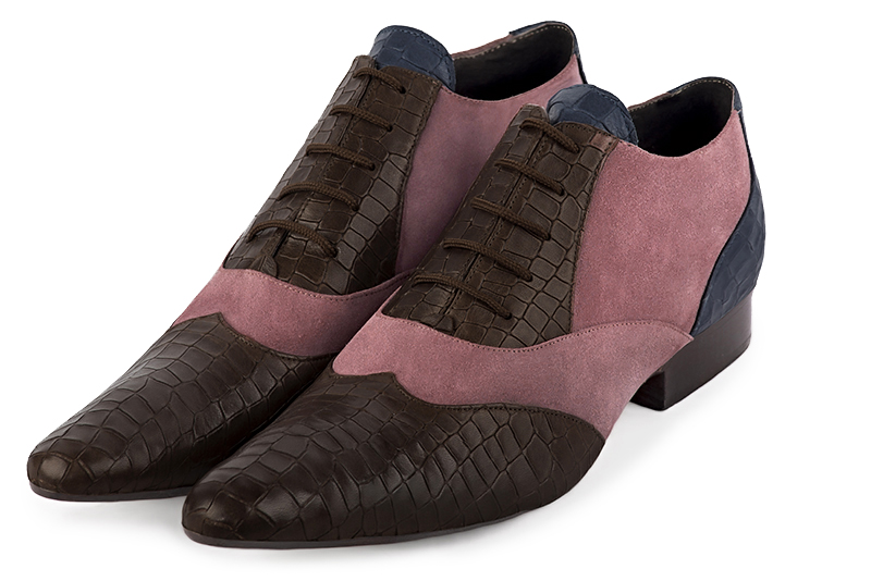 Dark brown, dusty rose pink and navy blue lace-up dress shoes for men. Tapered toe. Flat leather soles - Florence KOOIJMAN